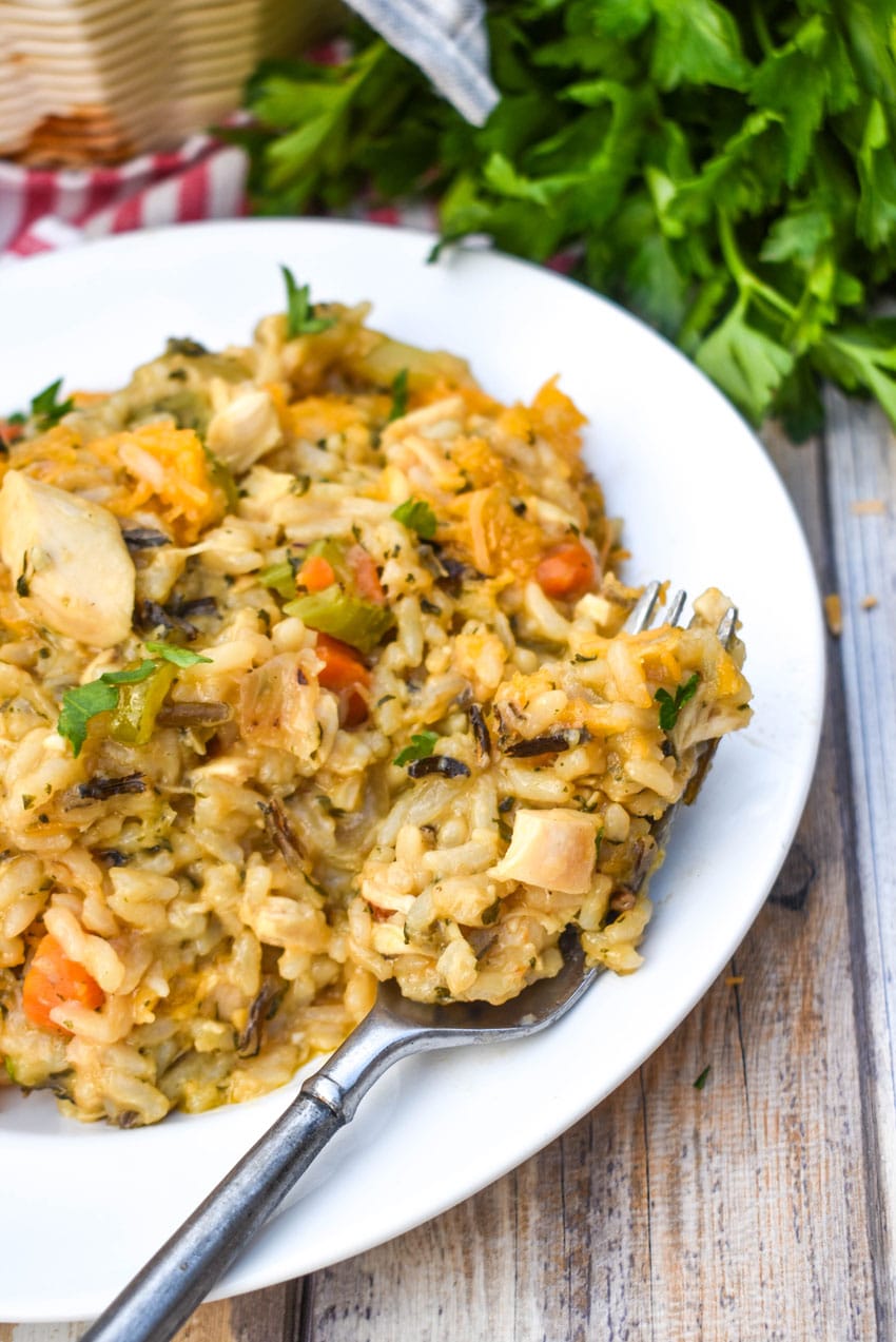 cheesy chicken and wild rice casserole on a white plate with a silver fork resting on the side