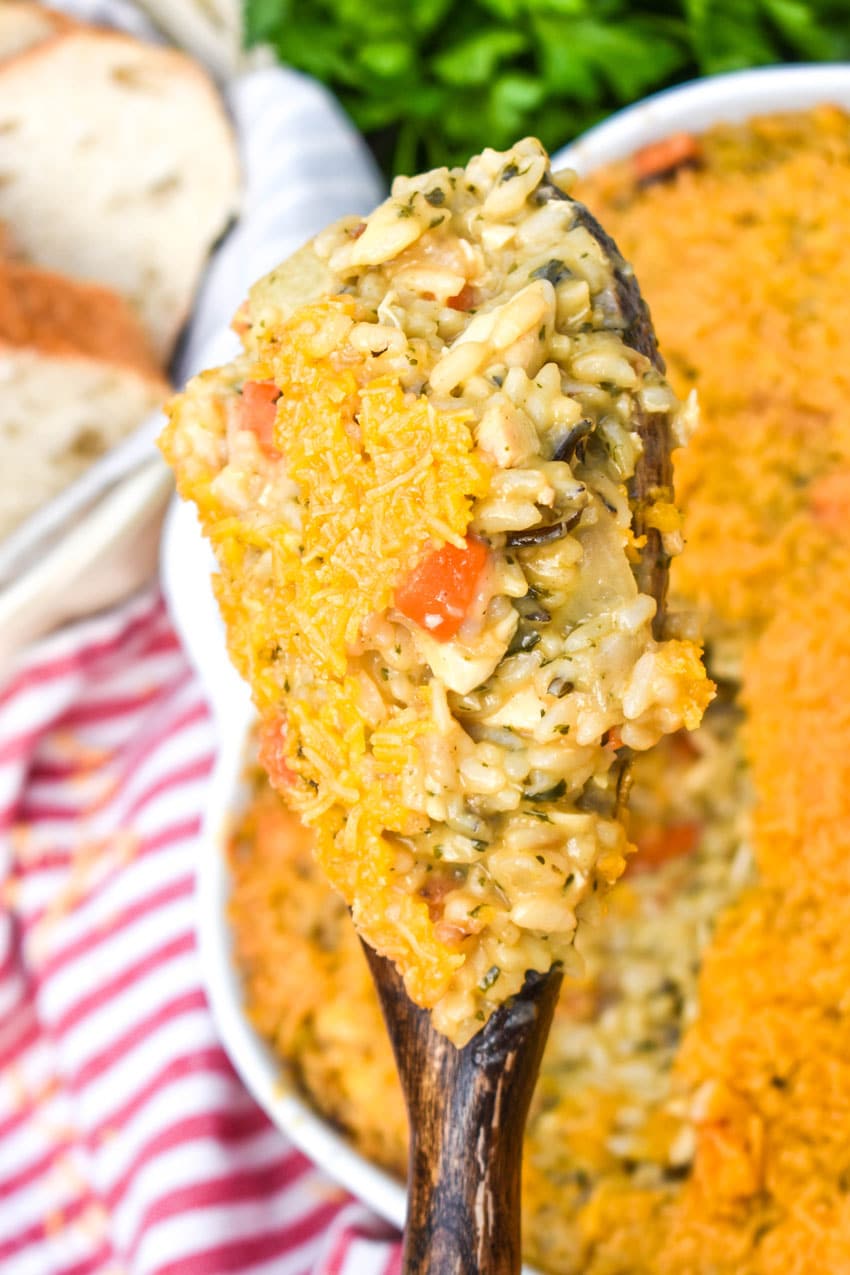 a wooden spoon holding up a scoop of cheesy chicken and wild rice casserole