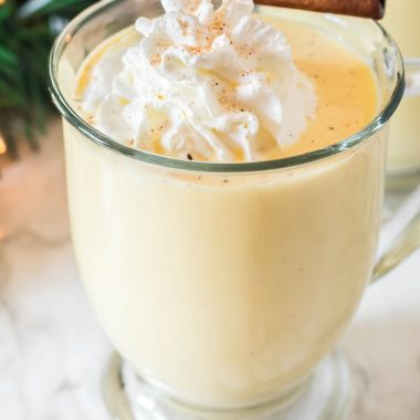 homemade eggnog in a glass mug