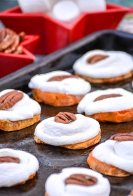 sweet potato casserole bites on a metal baking pan