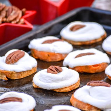 sweet potato casserole bites on a metal baking pan