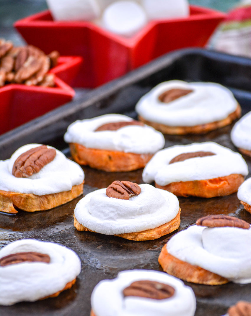 sweet potato casserole bites on a metal baking pan