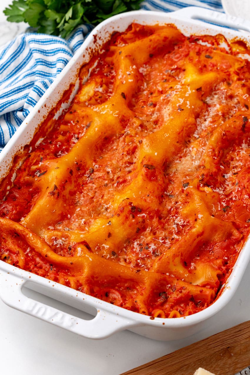 baked lasagna rosa in a white casserole dish