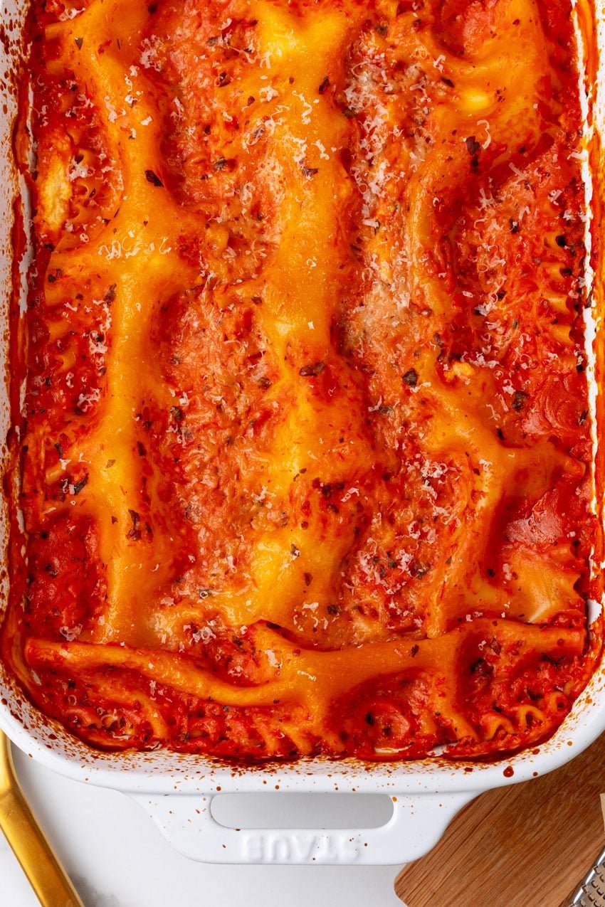 baked lasagna rosa in a white casserole dish