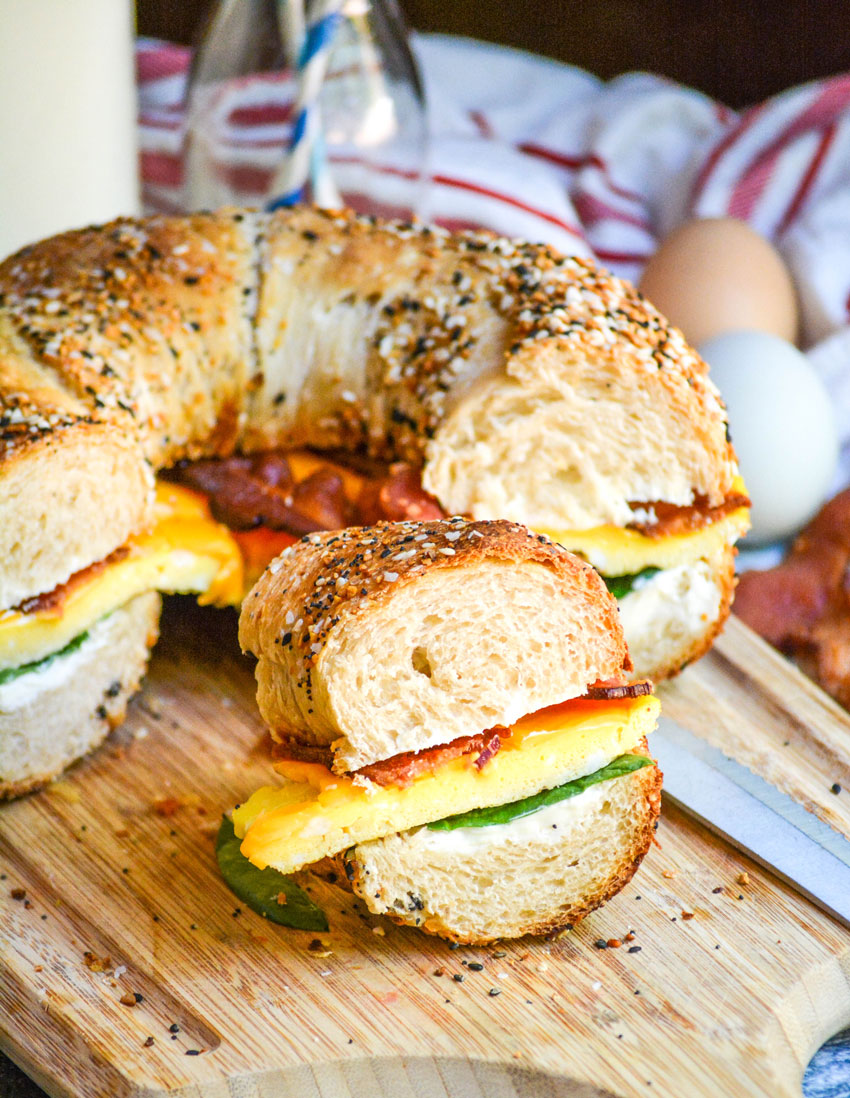 everything bagel bundt pan sub sandwich on a wooden cutting board