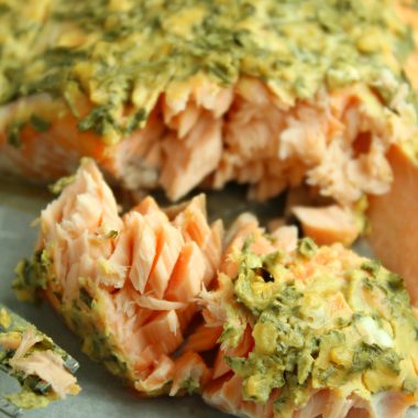 dijon mustard covered salmon flaked apart