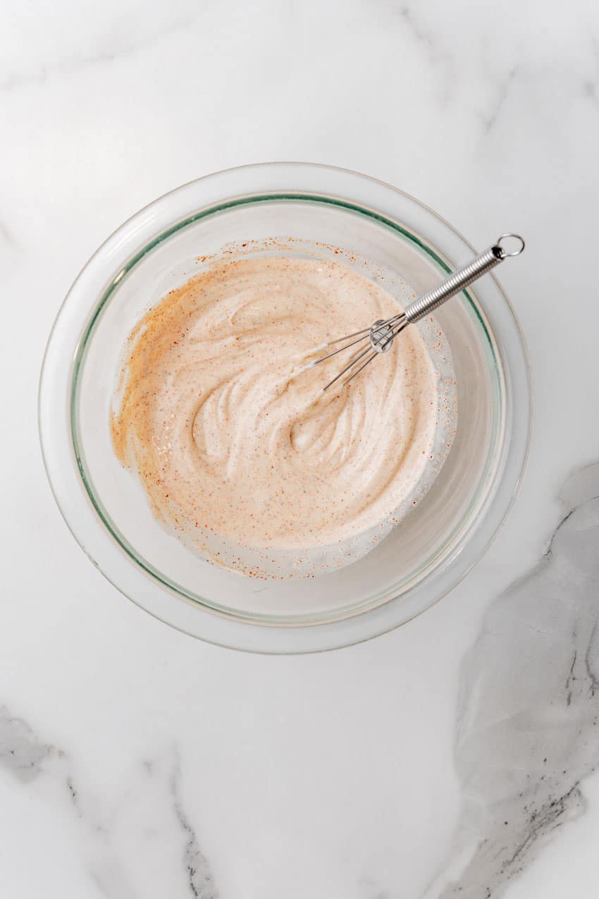 homemade chipotle mayo in a glass mixing bowl