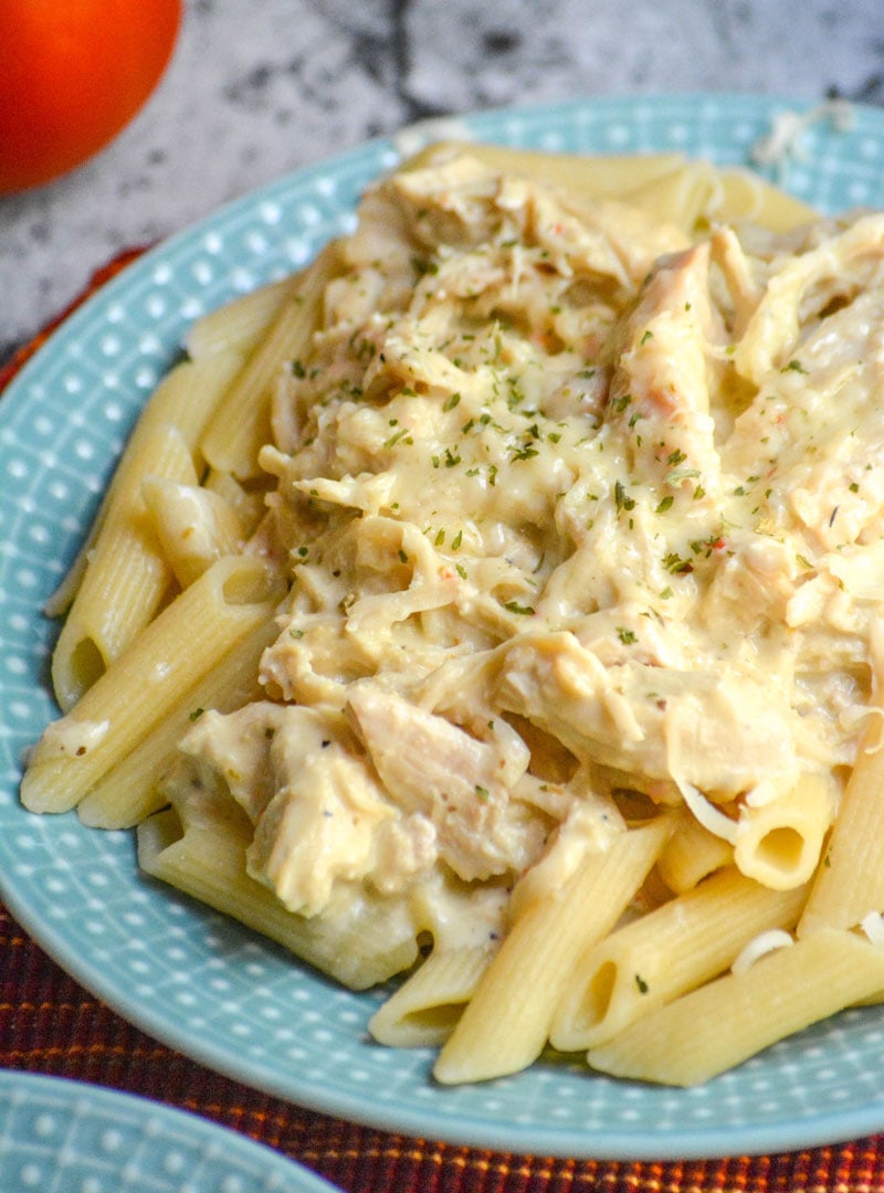 SLOW COOKER CREAMY ITALIAN CHICKEN AND PASTA ON A LIGHT BLUE PLATE