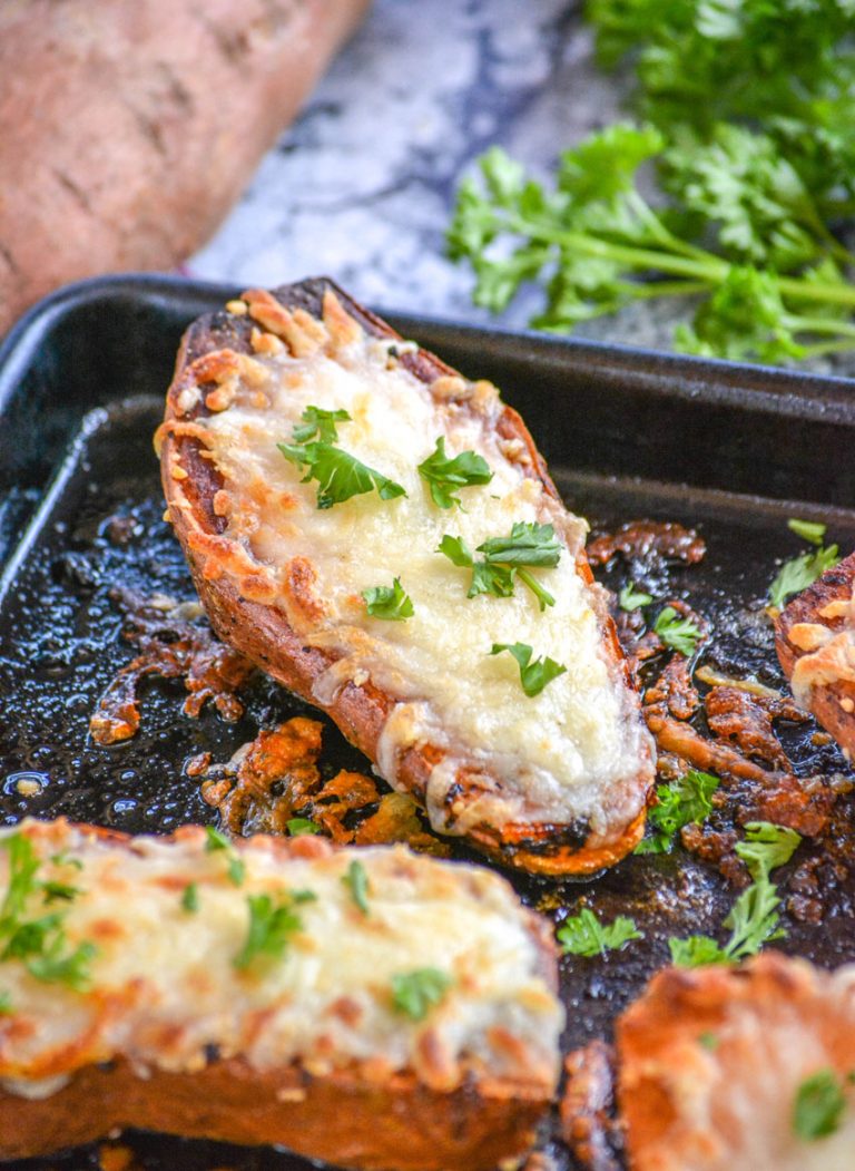 Cheesy Garlic Roasted Sweet Potatoes - 4 Sons 'R' Us