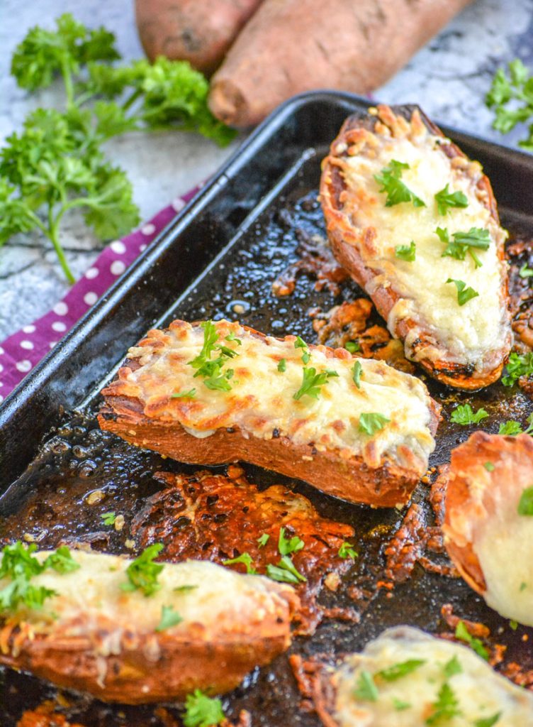 Cheesy Garlic Roasted Sweet Potatoes