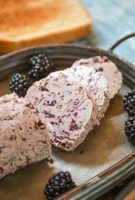 slices of whipped blackberry butter on a metal serving tray