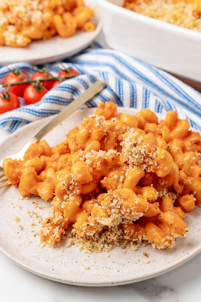 creamy tomato soup macaroni and cheese on a white plate