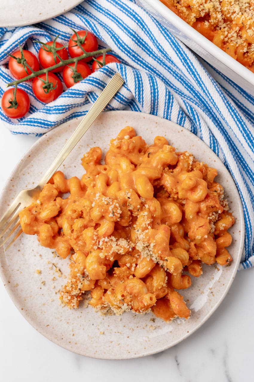 creamy tomato soup macaroni and cheese on a white plate