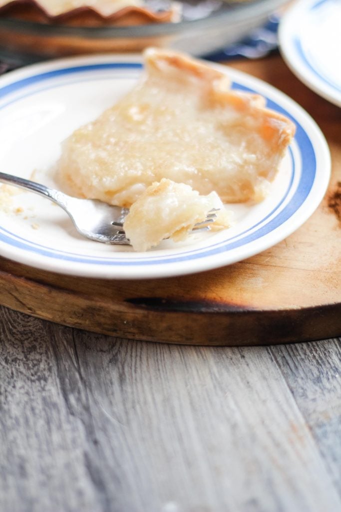 a forkful of a slice of water pie on a white blue-rimmed plate