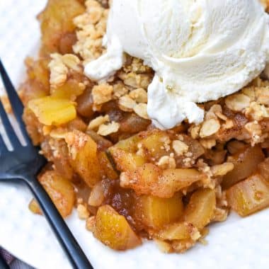 mock apple crisp on a small white dessert plate topped with a scoop of vanilla ice cream and a black fork on the side