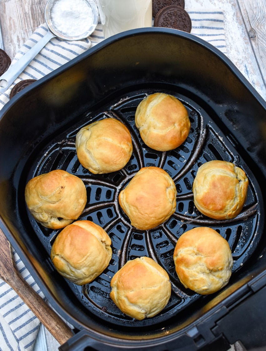 homemade fried oreos in the basket of an air fryer
