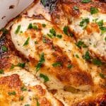 mayo parmesan chicken in a white baking dish