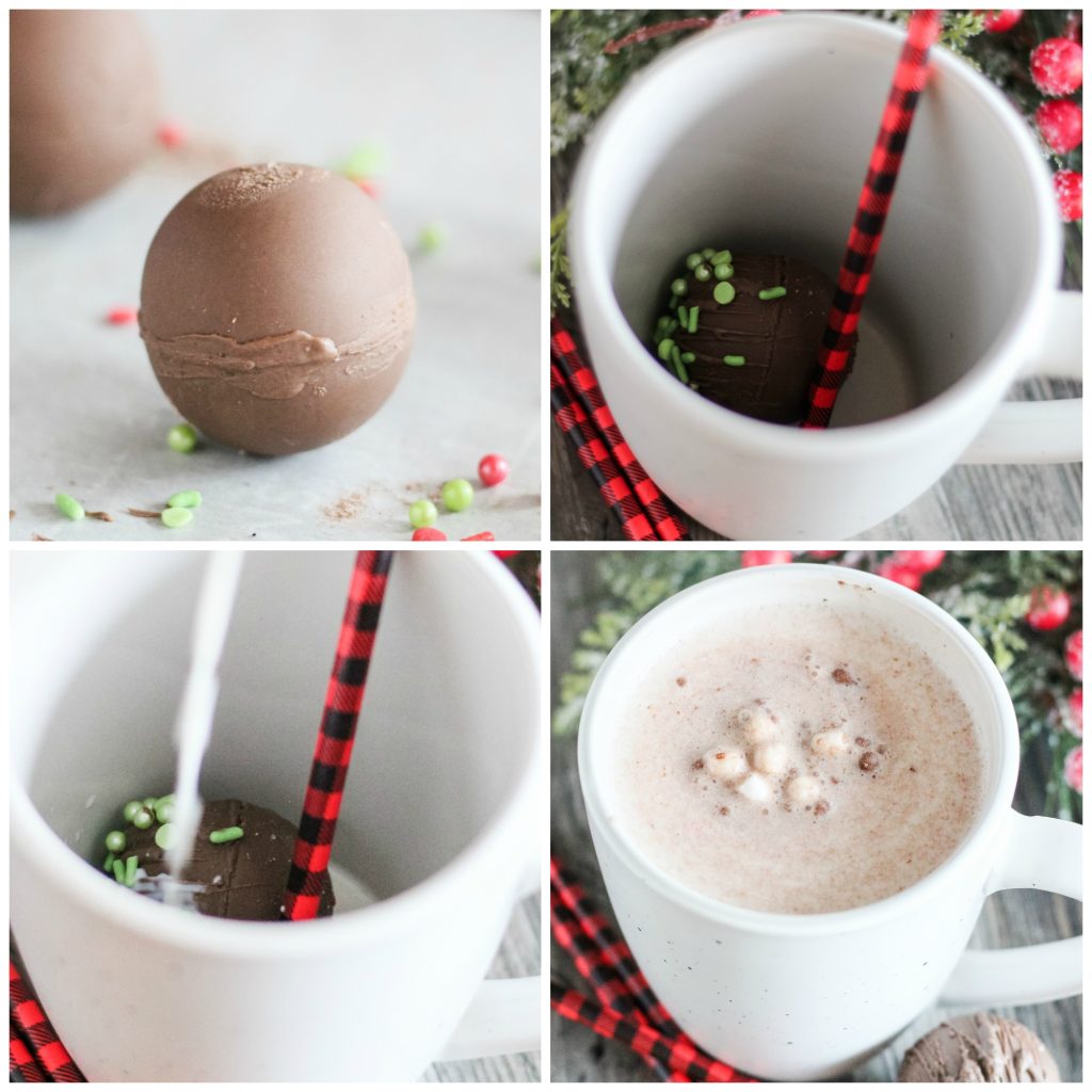 a four image collage showing hot cocoa bombs being added to a mug and blooming when poured milk's added into a white mug
