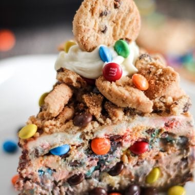 a sliced of instant pot monster cheesecake shown on a white plate topped with cookie chunks and mini m&ms