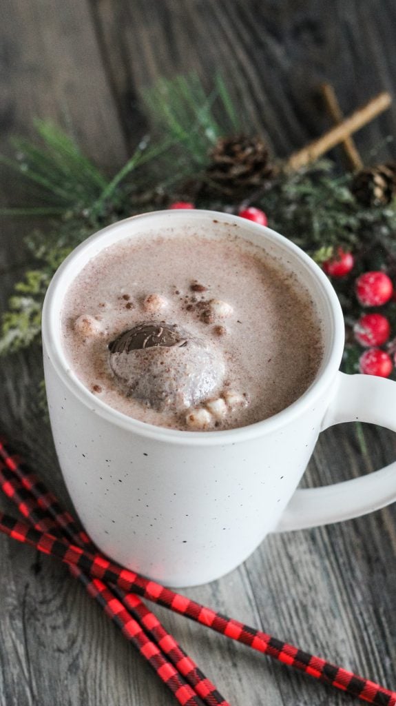 a mug of warm cocoa made from homemade hot cocoa bombs shown at the base of the cup with Christmas greenery in the background