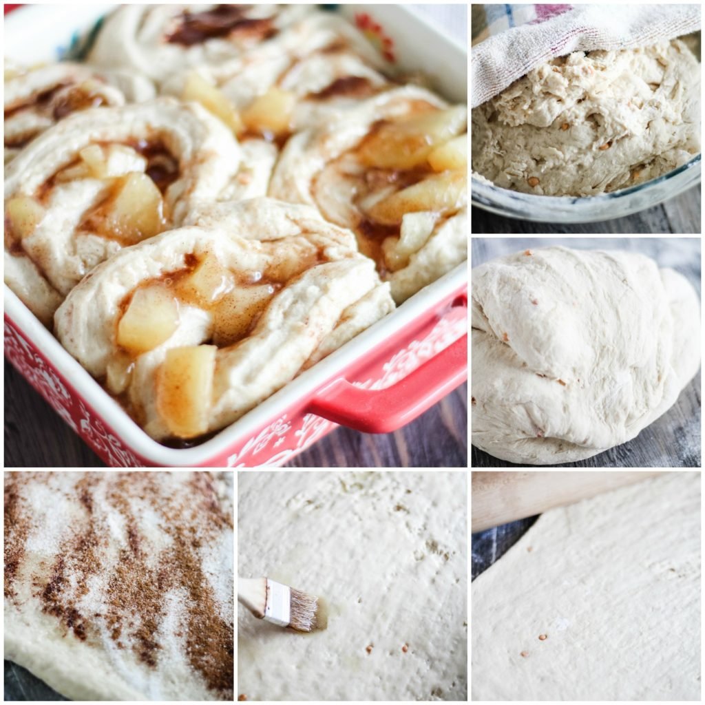 a collage showing the in process images for making caramel apple cinnamon rolls
