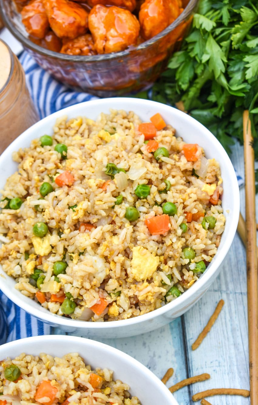 panda express fried rice recipe in two small white bowls