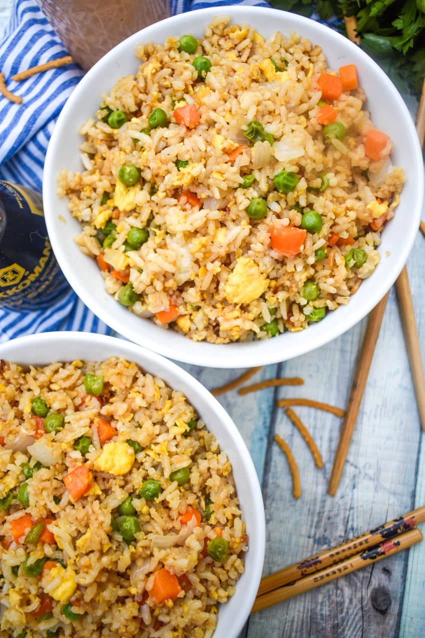 panda express fried rice recipe in two small white bowls