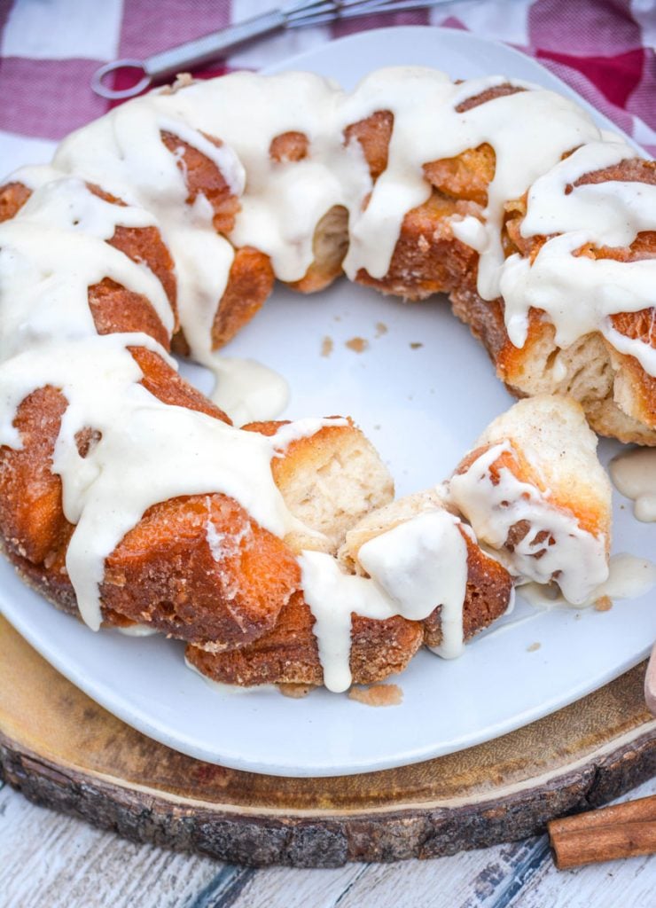 eggnog monkey bread shown served on a white plate