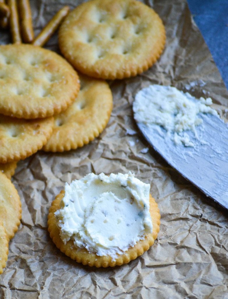 homemade boursin cheese spread on a cracker