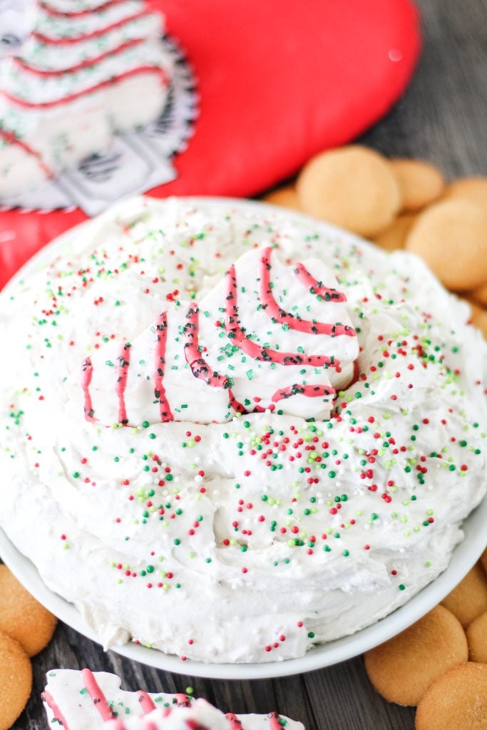 Little Debbie christmas tree cake dip in a white bowl