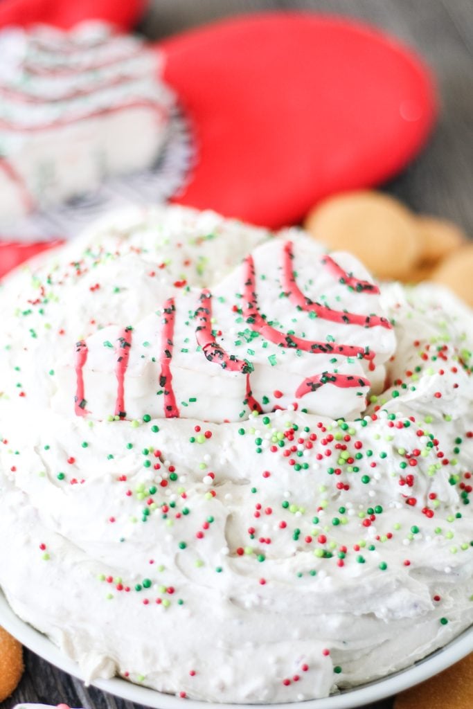 Little Debbie christmas tree cake dip in a white bowl