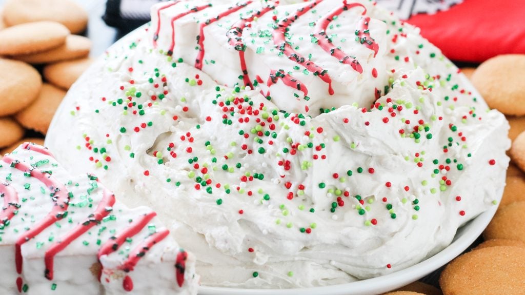 Little Debbie christmas tree cake dip in a white bowl