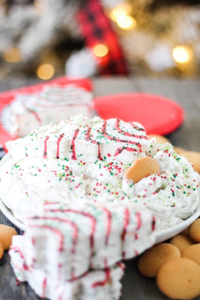 Little Debbie christmas tree cake dip in a white bowl