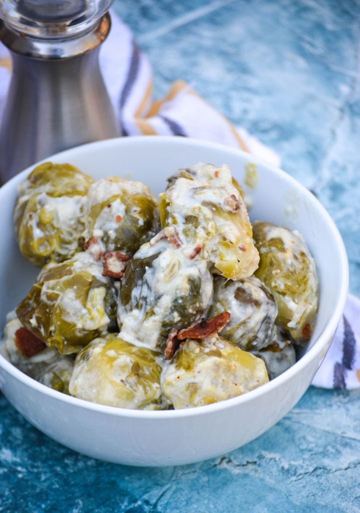 Instant pot brussels sprouts in a white bowl
