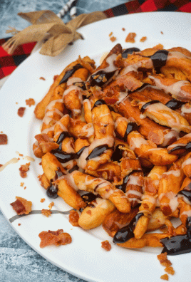 loaded maple bacon donut fries served on a white platter