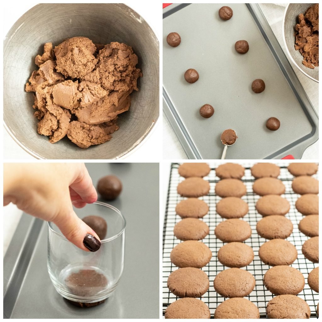 4 image collage of in process images for hot chocolate cookies