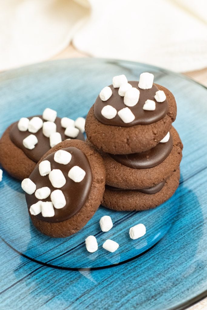hot chocolate cookie stacked on a blue plate