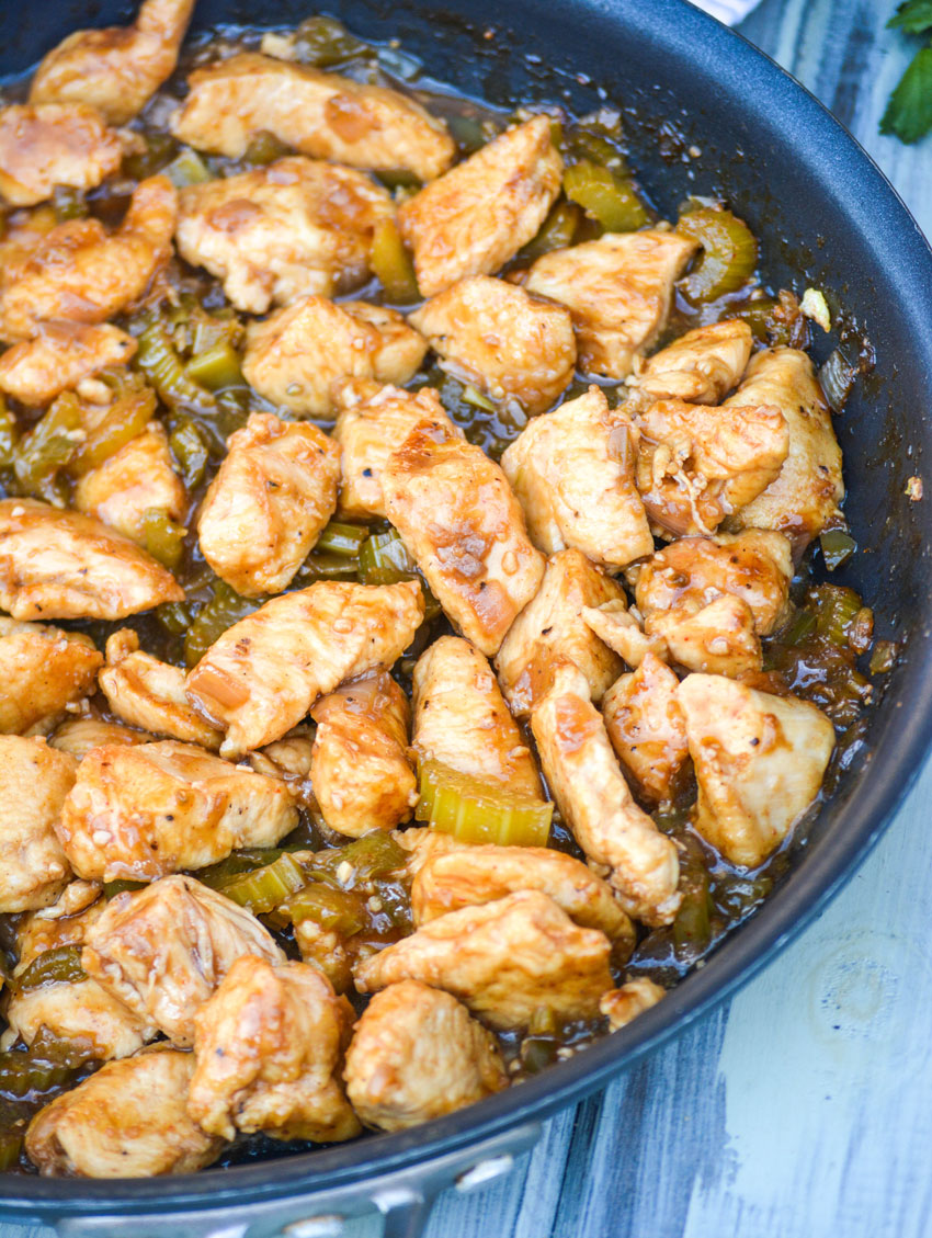 copycat panda express black pepper chicken shown in a black skillet