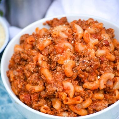 a white bowl filled with homemade beefaroni
