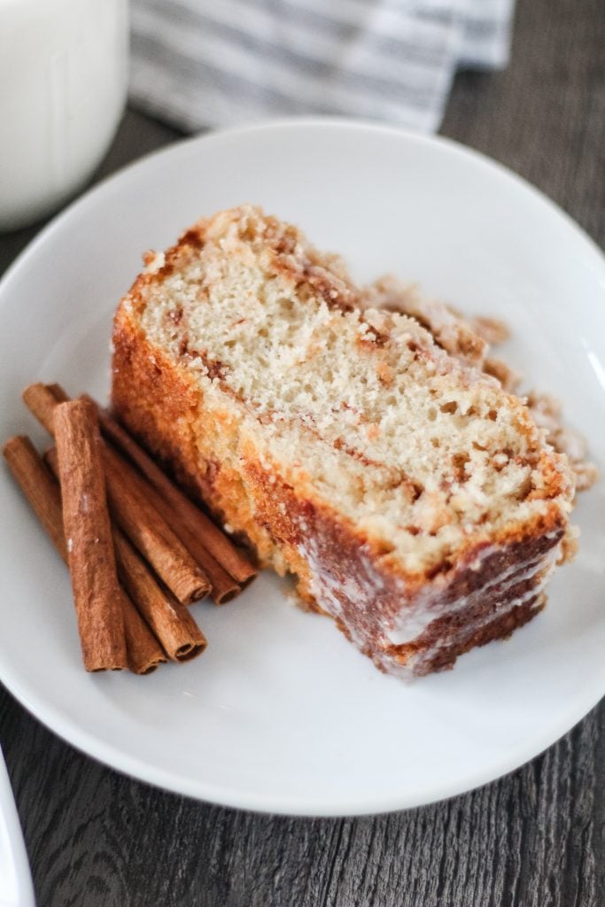 thick slices of cinnamon swirl quickbread served on a white plate