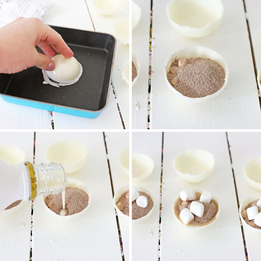 a four image collage showing hot to assemble the rumchata hot cocoa bombs 