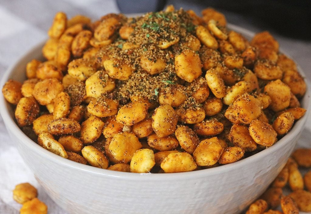 a white bowl filled with air fryer taco seasoned oyster crackers
