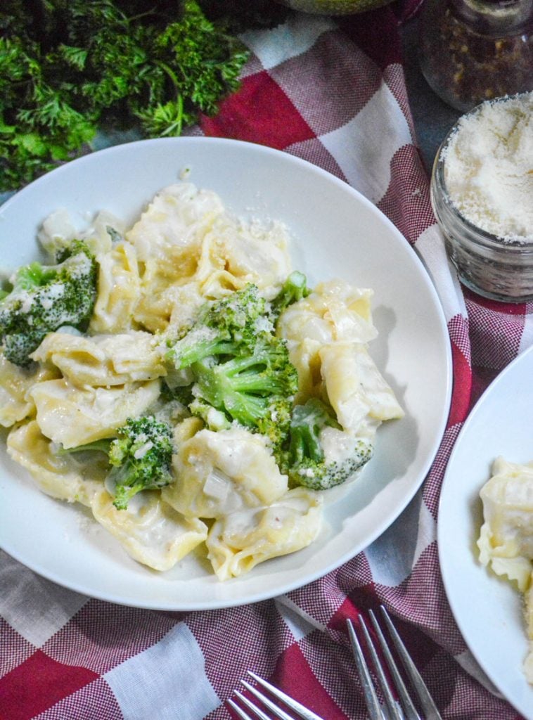 creamy alfredo tortellini with broccoli served on a white plate