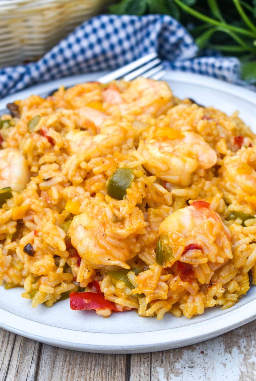 shrimp and rice casserole served on a white dinner plate