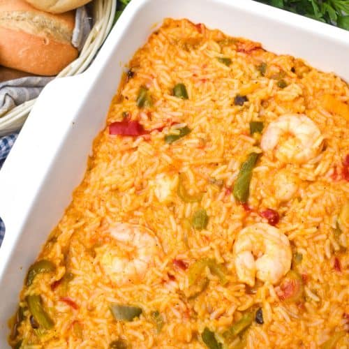 shrimp and rice casserole in a white square baking dish
