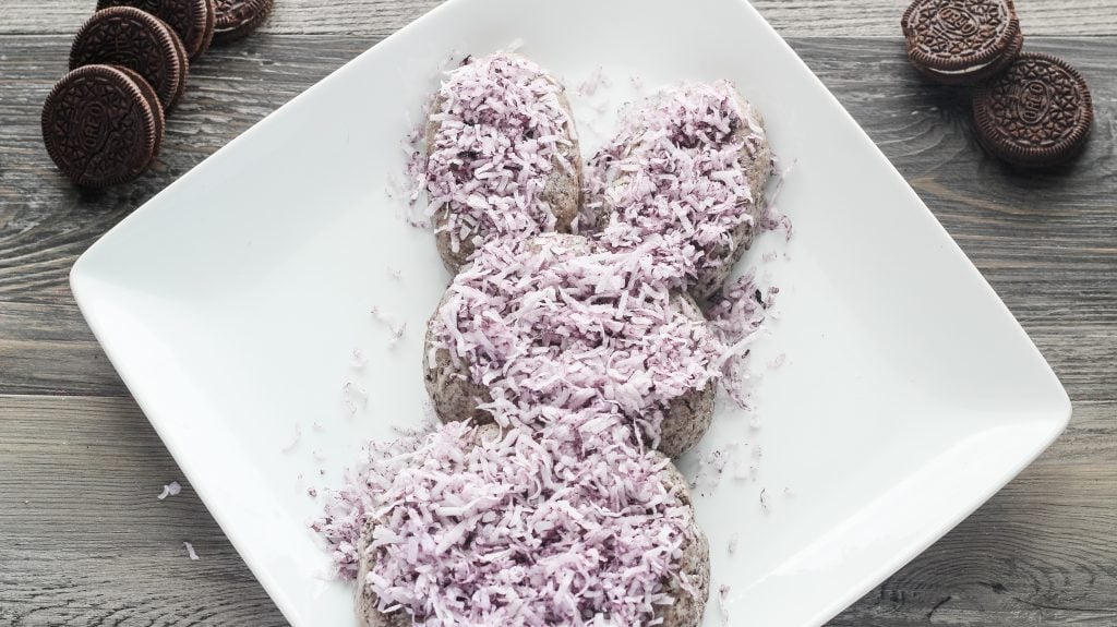 cookies & cream cheese balls arranged to make a bunny shape and covered with shredded coconut that's been dyed purple