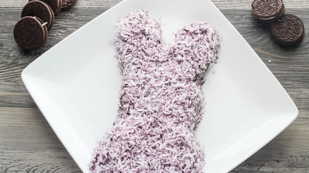 cookies & cream cheese balls arranged to make a bunny shape and covered with shredded coconut that's been dyed purple