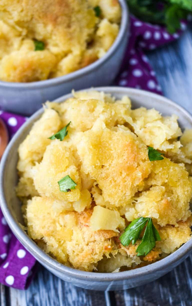 scalloped pineapple in two small gray bowls