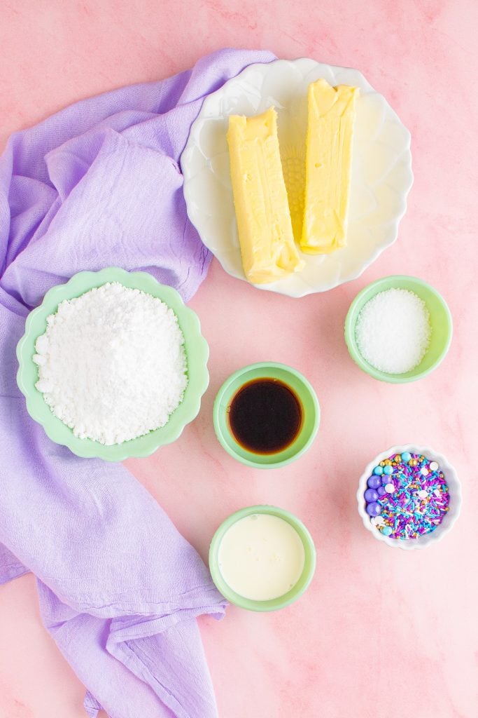 an overhead shot showing all the ingredients needed for a batch of cake decorating frosting