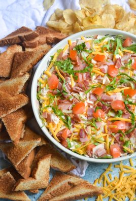 club sandwich dip shown in a large shallow bowl surrounded by chips and triangles of toasts for dipping